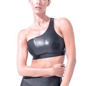 NWOT Second Nature Brand Black Metallic Glitter One Shoulder Sports Bra Size S